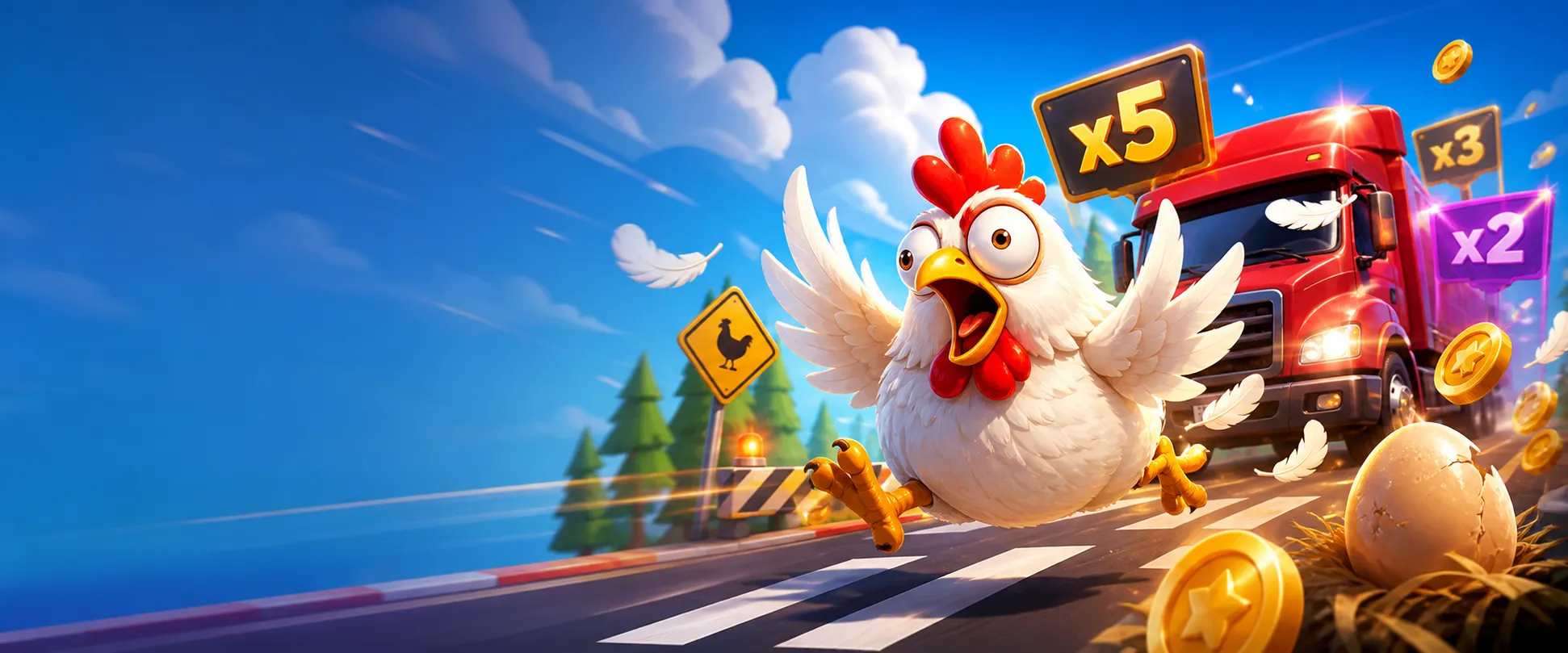 Vibrant promo banner for Chicken Road slot featuring a road scene with chickens, coins, and playful energy.